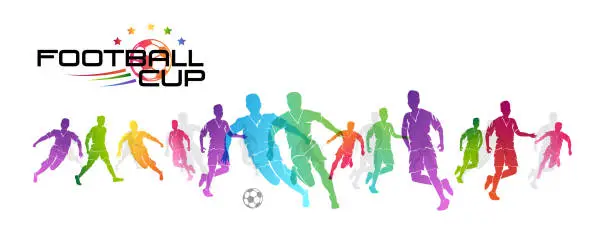 Vector illustration of Football game. Soccer players in action, kicking ball for winning goal. Abstract vector illustration. Horizontal border from rainbow sportsman silhouettes.