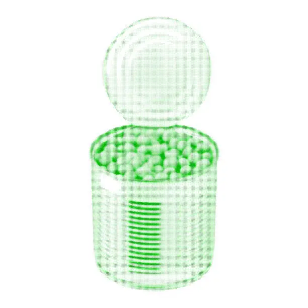 Vector illustration of open tin can with green peas, isolated on white background
