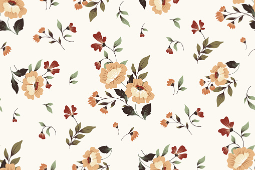 Seamless floral pattern, abstract ditsy print in vintage style. Elegant old fashion botanical design: hand drawn flowers, small bouquets, leaves on a white background. Vector flower wallpaper, textile