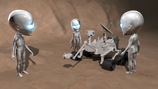 This incident of the Mars Rover encountering 3 aliens on Mars is kept secret from the public. According to the conspiracy theory, short, gray aliens with big heads are the most common alien beings. / You can see the animation movie of this image from my iStock video portfolio. Video number: 1917467108