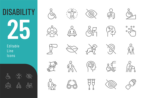 Vector illustration in modern thin line style of  handicap related icons: accessibility, dyslexia, inclusion and more. Isolated on white