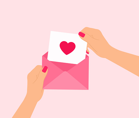 Female Hands Holding Open Envelope With Heart Greeting Card. Valentine's Day Concept
