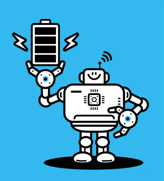 Vector illustration of An Artificial Intelligence Robot holds a powerful battery