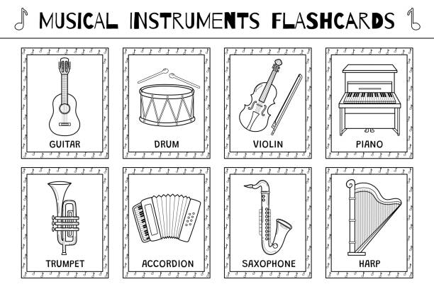 ilustrações, clipart, desenhos animados e ícones de coleção de flashcards em preto e branco de instrumentos musicais. coleção de cartões flash para colorir - brass instrument flash