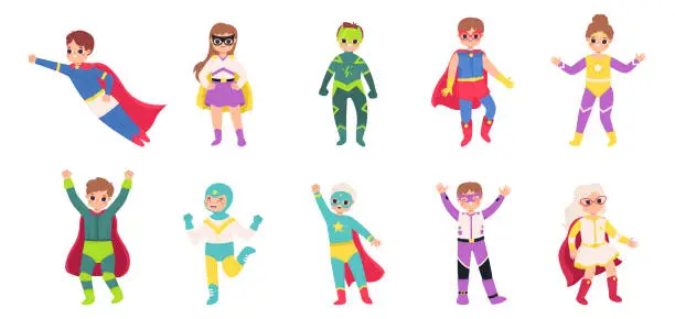 Vector illustration of Children wear heroes costumes. Cartoon super girl and boy flying. Superhero little kids, isolated funny brave toddlers. Cute snugly vector characters