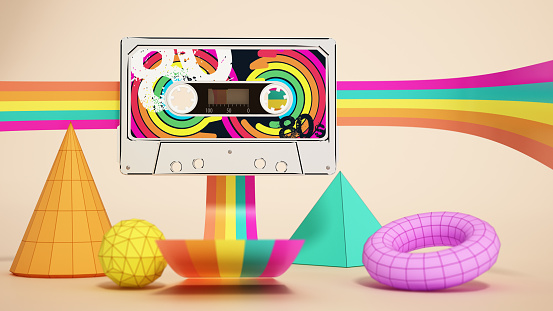 80's style background with retro audio cassette, neon colors and geometric shapes.