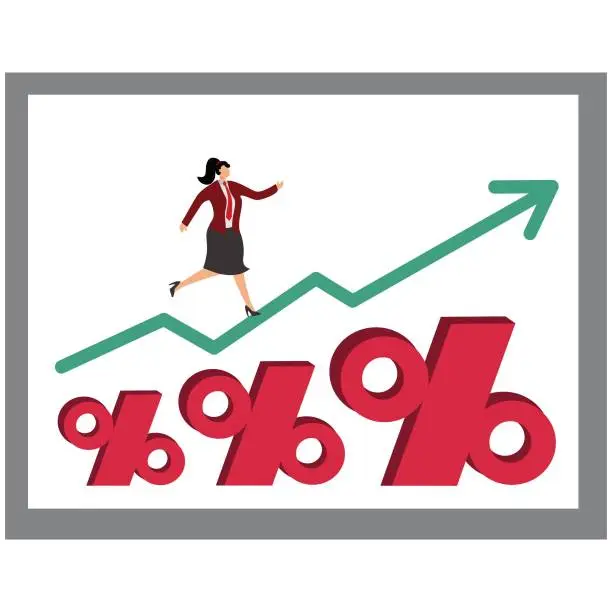 Vector illustration of Progress, Growth, Percentage Sign, Sale, Arrow Symbol, Moving Up, Businesswoman