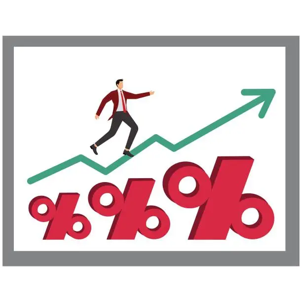 Vector illustration of Progress, Growth, Percentage Sign, Sale, Arrow Symbol, Moving Up, Businessman