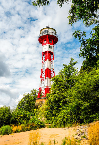 Wittenbergen lighthouse on the Rissener Ufer near Hamburg. Historic lighthouse on the Elbe. Lighthouse Rissen, lower light.