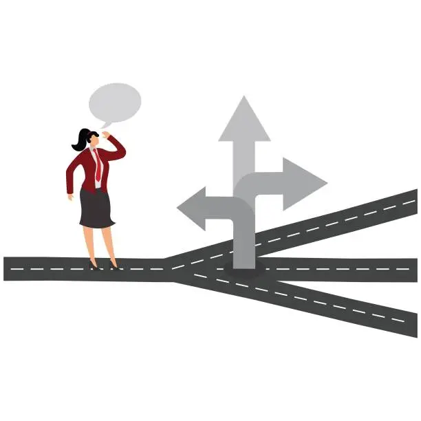 Vector illustration of Businesswoman doesn't know whether to go right or left under the street sign,
