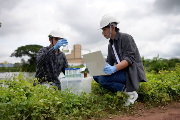 istock Environmental Engineers Inspect Water Quality, pH Test and Take Water sample notes in The Field Near Farmland, Fish Pond, Natural Water Sources that may be Contaminated by Suspicious Pollution Sites. 1919120046