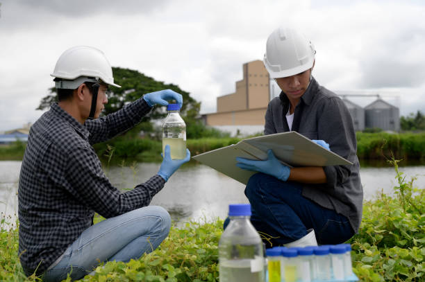 istock Environmental Engineers Inspect Water Quality with Note and Collect water samples in The Field Near Farmland, Fish Ponds, Natural Water Sources that may be Contaminated by Suspicious Pollution Sites. 1919120049