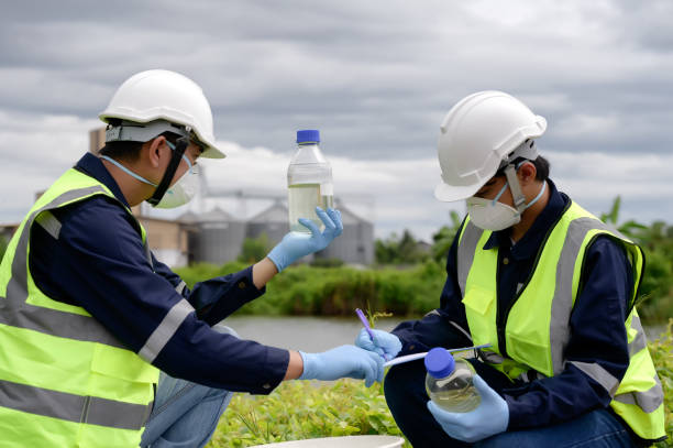 istock Environmental Engineers Team Take Water Samples at Natural Water Sources. Water that smells bad Near Farmland, Fish Ponds May Be Contaminated by Toxic Suspicious Pollution Sites. 1919120078