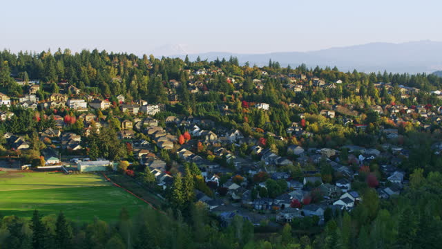 AERIAL Along a nice green neighbourhood in Oregon on a sunny afternoon