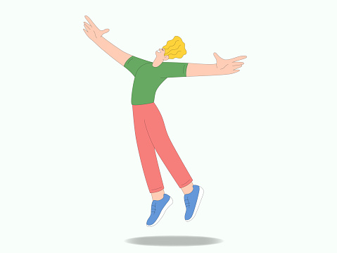 happy young man jumping in the air. Vector illustration in flat style.