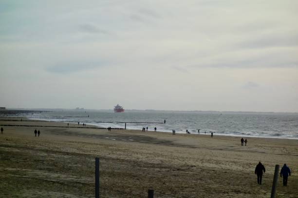 istock Beach scene with people and a large ship sailing in the distance 1919156251