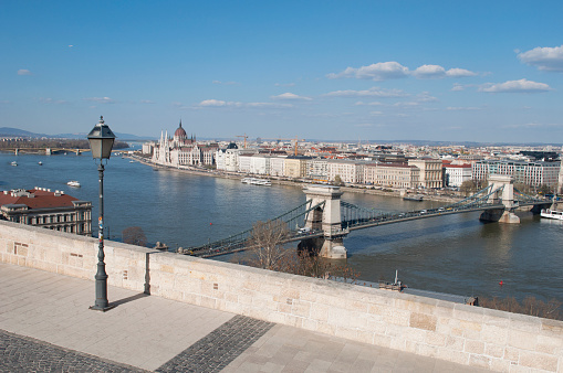 Budapest Skyline and View on Danube River from the Buda Castle during a Sunny Winter Day. Scenic Landscape in Hungary