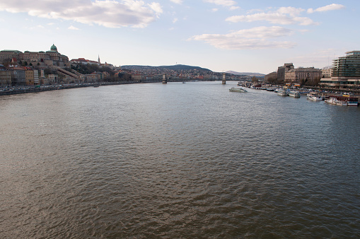 Aerial View of Danube River and Budapest Skyline with Cloud Sky in a Sunny Winter Afternoon. Beautiful Cityscape in Hungary