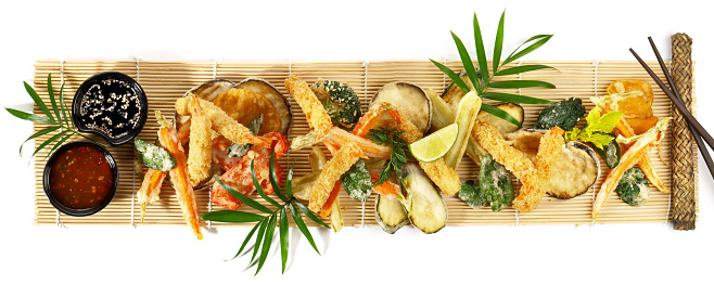 Fast Food - Vegetable Tempura with Soy and Dipping Sauce - Panorama on white Background