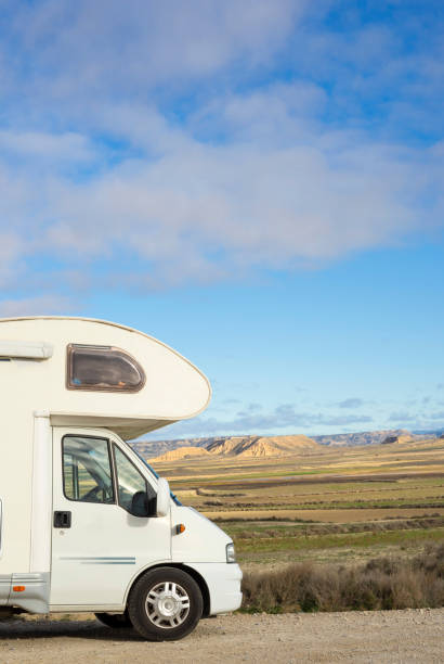 Motorhome in a desert. Bardenas Reales, Spain.