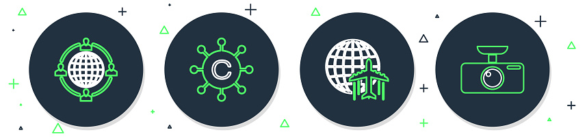 Set line Copywriting network Globe with flying plane Outsourcing concept and Car DVR icon. Vector.