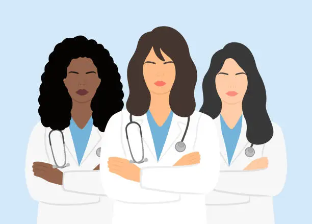 Vector illustration of National Women Physicians Day. Portrait Of Female Doctors Standing With Arms Crossed