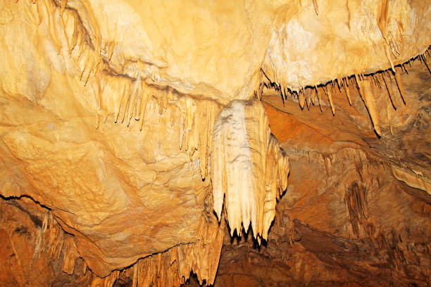 Brightly light stalactites with broken section and additional cracked portion.