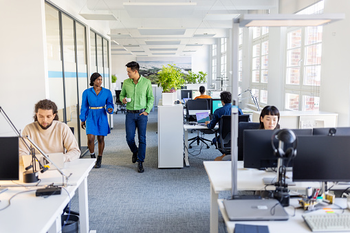 Diverse business group working at modern office with two colleagues walking and discussing work. Business people working at open plan startup office.