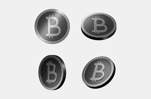 Stylized silver metallic texture bitcoin coin isolated on light gray background. 3D rendering. Editable elements, for casino banner, cash, jackpot, cryptocurrency. Coin dropping