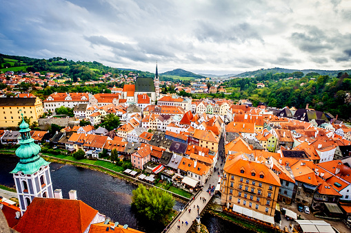 Panoramic view of historical town Czech Krumlov, aerial view