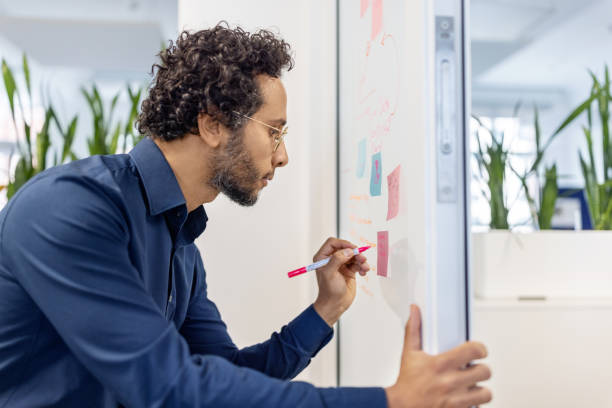 istock Young man writing on a post-it note on idea board in the office 1919270410