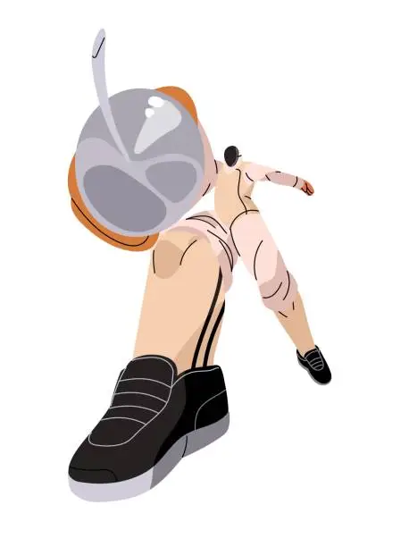 Vector illustration of Fencing athlete attacks with foil. Professional fencer in protective uniform training with epee. Sword fighting. Combat sport. Dynamic motion. Flat isolated vector illustration on white background