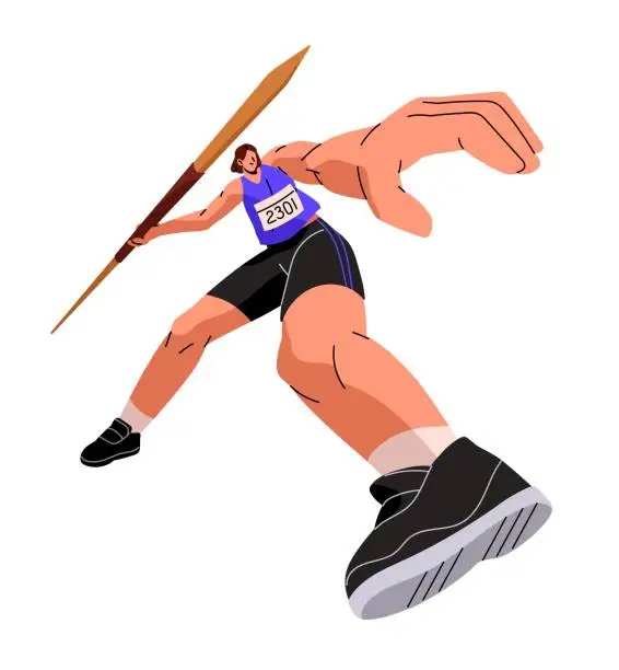 Vector illustration of Professional athlete throws javelin. Sportswoman prepares, swings to toss dart, spear. Sportsman training. Track and field sport. Dynamic motion. Flat isolated vector illustration on white background