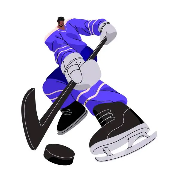 Vector illustration of Professional hockey player hits puck with stick. Sportsman in safety uniform skating. Athlete play on ice. Winter sport game. Dynamic motion. Flat isolated vector illustration on white background