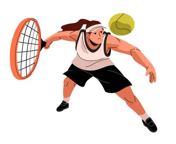 Vector illustration of Professional big tennis player training on game court. Sportswoman plays racquet sport. Woman prepares, swings to hit ball with racket. Dynamic motion. Flat isolated vector illustration on white