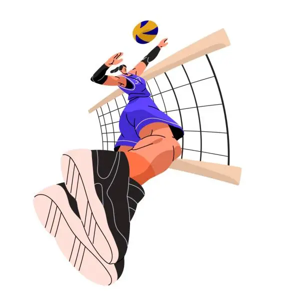 Vector illustration of Professional volleyball player attacks over net. Athlete jumps, swings to hit ball. Sportswoman in uniform plays team sport game. Dynamic motion. Flat isolated vector illustration on white background