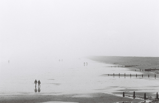 A bleak winter's day on Westward Ho! beach, Devon UK. 35mm black and white film