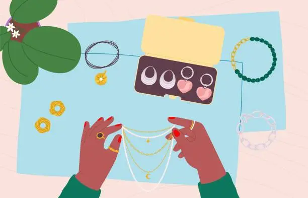 Vector illustration of Woman fitting jewelry. Female hands holding necklace, bracelets and earrings on table and in box. Girl dressed up jewelries, hand with rings vector scene