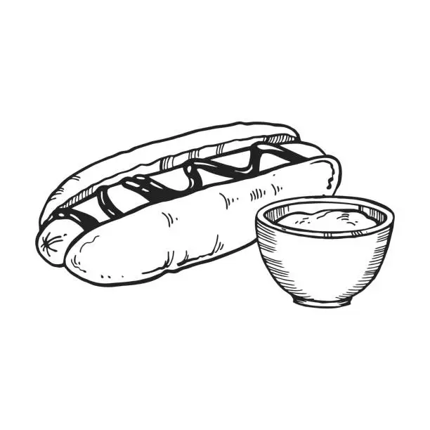 Vector illustration of hand drawn vector illustration of fast food, ink sketch of hot dog in a bun and with mustard or sauce, black and white illustration of sausage with sauce isolated on white background