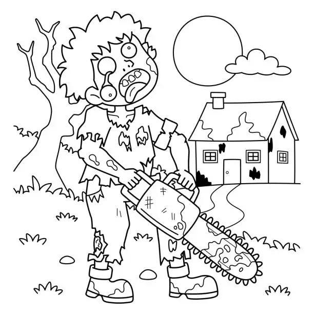 Vector illustration of Zombie with Chainsaw Coloring Page for Kids