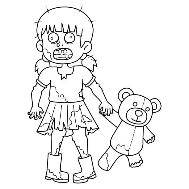 Vector illustration of Zombie Child with Plushie Isolated Coloring Page