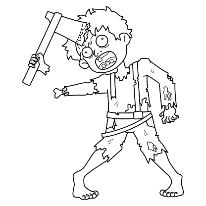 A cute and funny coloring page of a Zombie with an Axe in His Head. Provides hours of coloring fun for children. To color, this page is very easy. Suitable for little kids and toddlers.