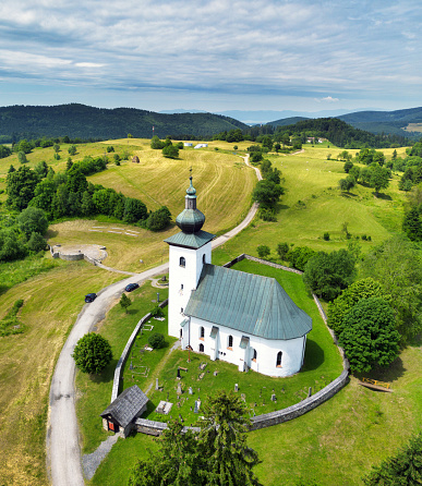 Aerial view of the church, the Slovak geographical center of Europe in the locality of Kremnicke Bane in Slovakia