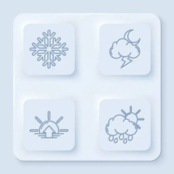 Vector illustration of Set line Snowflake, Storm, Sunrise and Cloud with rain and sun. White square button. Vector