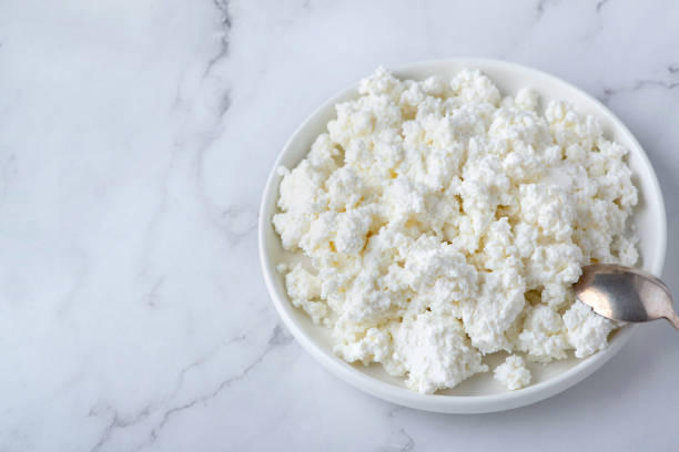 Bowl of cottage cheese from above