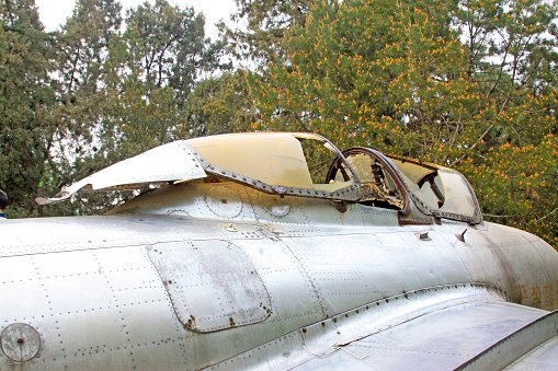 debris of the aircraft engine cover, closeup of photo