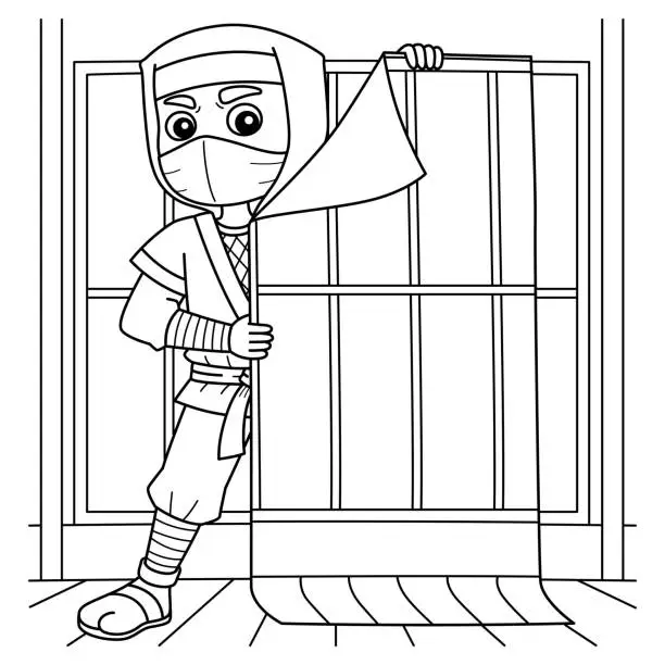 Vector illustration of Ninja Hiding Coloring Page for Kids