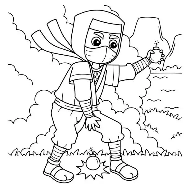 Vector illustration of Ninja with Smoke Bomb Coloring Page for Kids