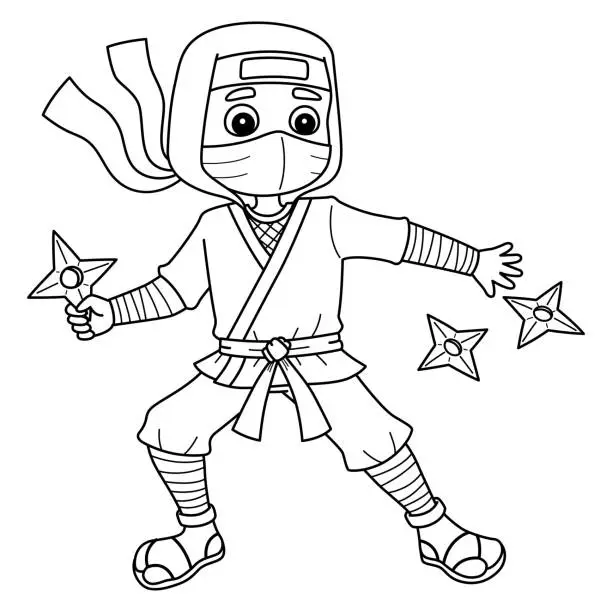 Vector illustration of Ninja Throwing a Shuriken Isolated Coloring Page