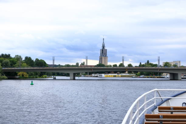 July 31 2023 - Potsdam, Brandenburg in Germany: passing the sightsseing attractions of the town by boat trip over Tiefer See to Berliner Vorstadt on a cloudy day
